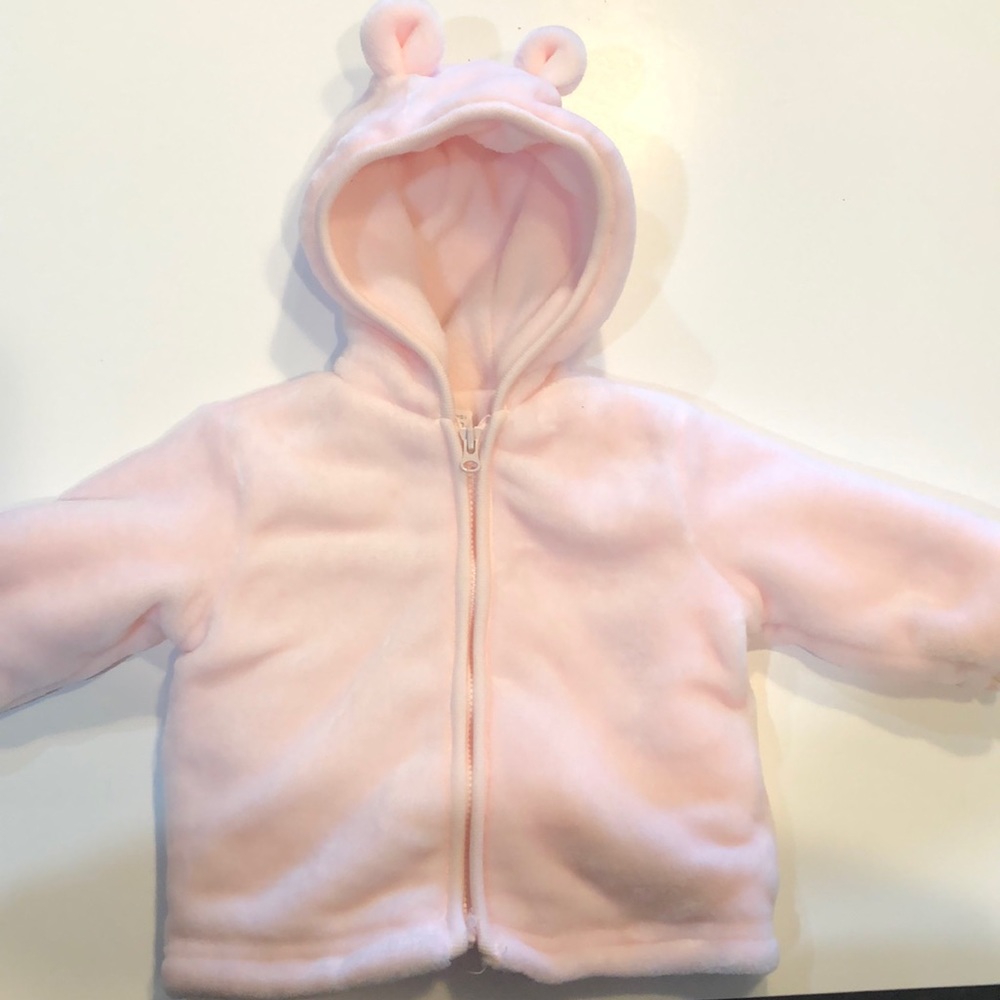 pink soft zip up jacket with ears. 0-3 months